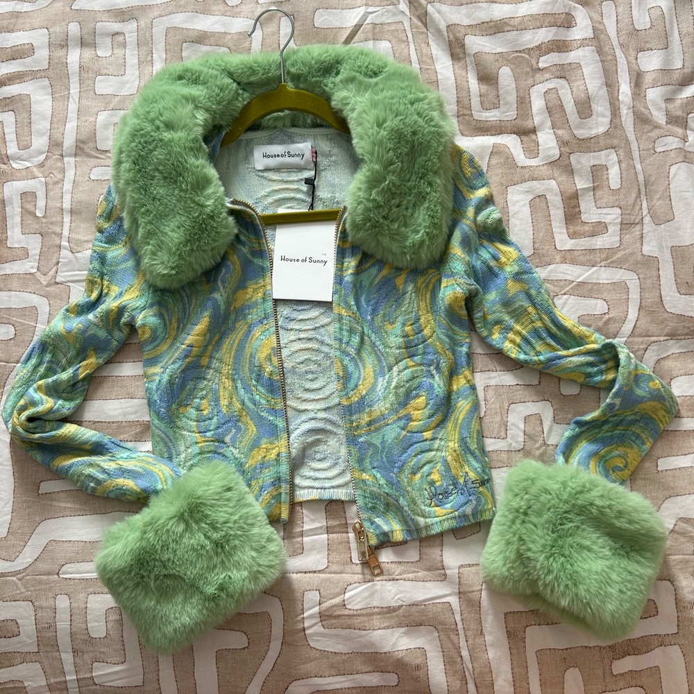 House of Sunny green and blue faux fur zipper cardigan